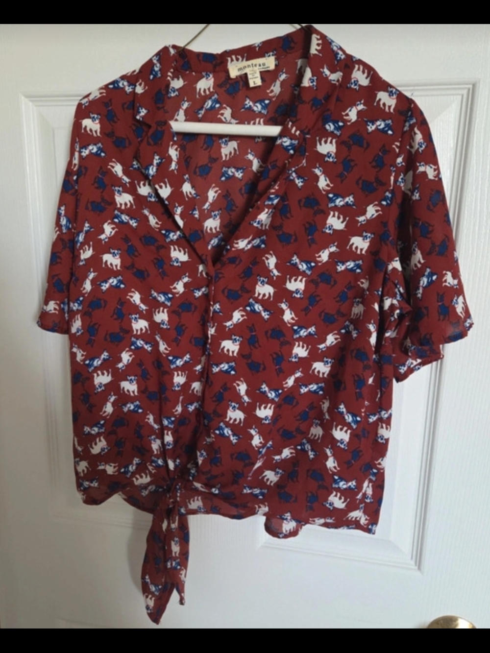 Business Casual Dog Print Tie-Hem Button Down Shirt